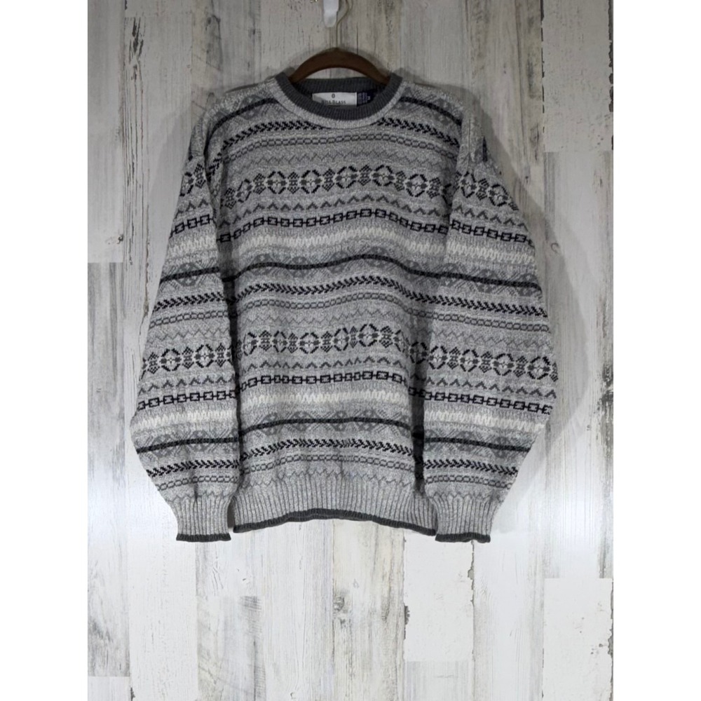 Bill Blass Sweater Medium Gray Fair Isle Geometric Cotton Vintage Made in‎ USA